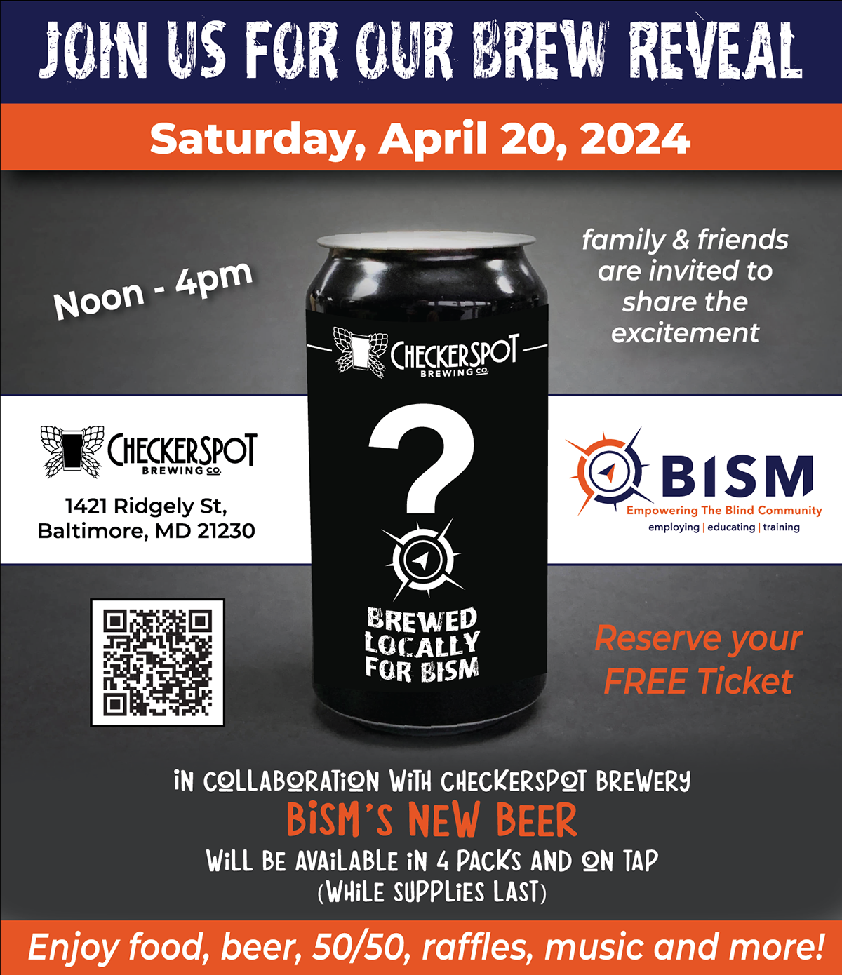 Poster promoting the BISM Brew Reveal with CheckerSpot Brewing Co. on Saturday, April 20, 2024 from noon until 4pm.