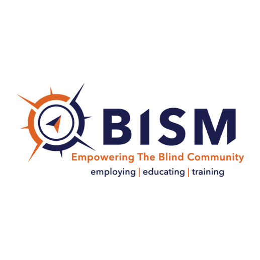 BISM Logo, blue and gold compass with modern stlyed letters reading BISM Empowering the Blind Community, employing, educating, training.