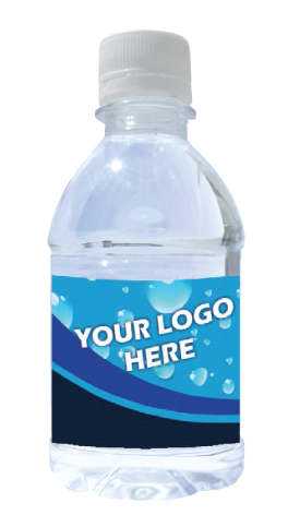 10oz water bottle with blue water bubble label saying Your Logo Here
