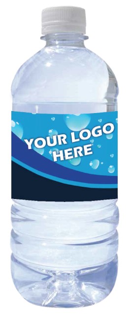 20oz water bottle with blue water bubble label saying Your Logo Here