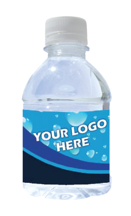 8oz water bottle with blue water bubble label saying Your Logo Here
