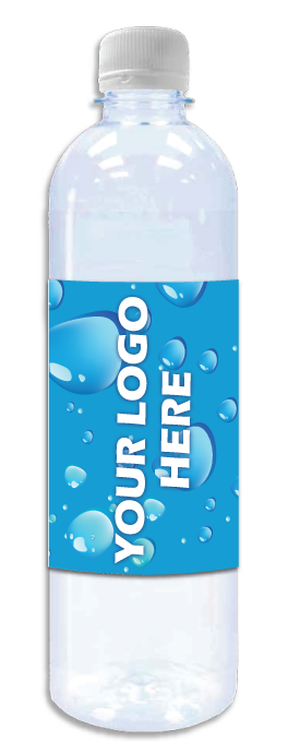 16.9oz smooth-sided water bottle with blue water bubble label saying Your Logo Here vertically