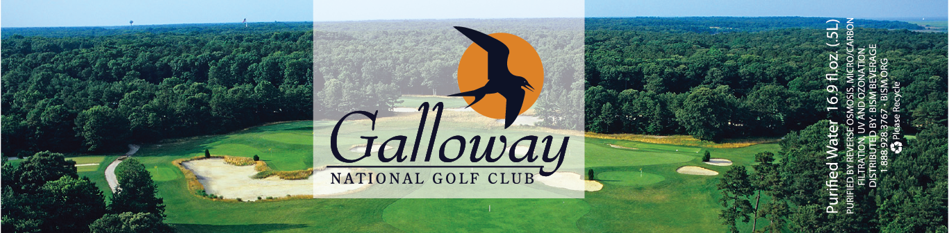 Galloway Golf Club label - logo and name in center overtop opaque square with skyshot of course fairway
