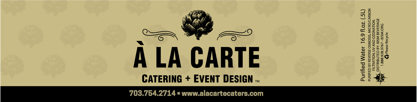 A La Carte Catering and Event Design label - bouquet pattern style wallpaper background with logo and company name in center