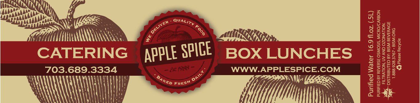 Apple Spice Catering label - logo in center with red band extending on sides, tan background with line drawings of apples