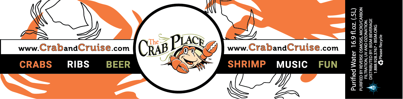 The Crab Place label - white background with Maryland crab outlines, logo in center with white and black strips on left and right