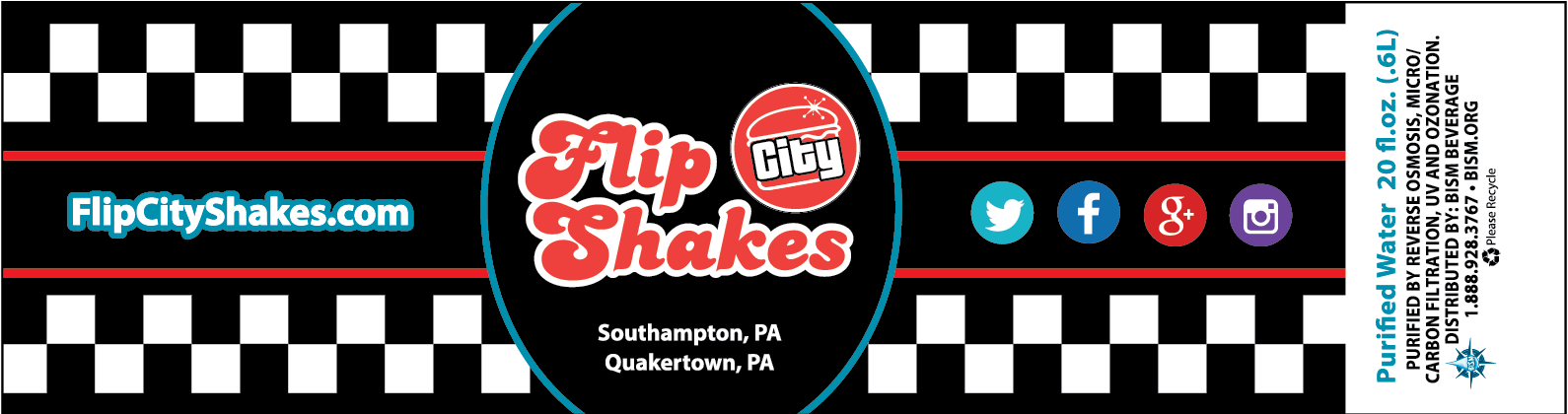Flip City Shakes label - race checkerflag pattern with black circle in middle with name and logo in red