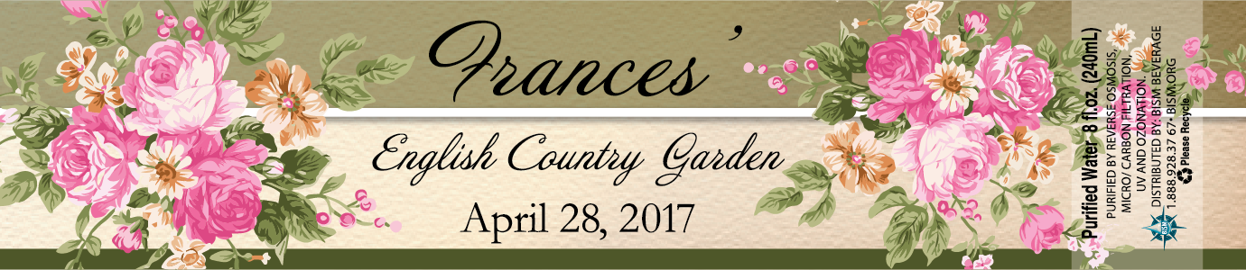 Frances English Country Garden label - pale green background with light tan strip in middle, floral arrangements left and right of text in center
