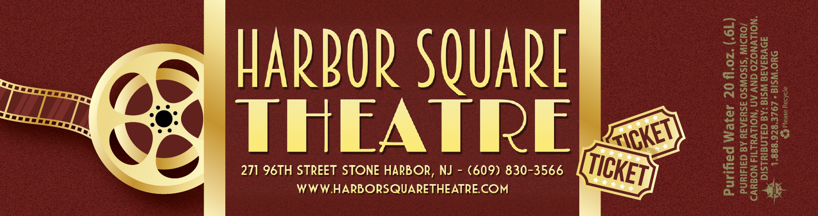 Harbor Square Theatre label - gold text and film reel on red carpet background