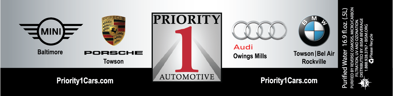 Priority 1 label - Baltimore Mini, Porsche Towson, Audi Owings Mills, and BMW Towson/Bel Air logos and locations