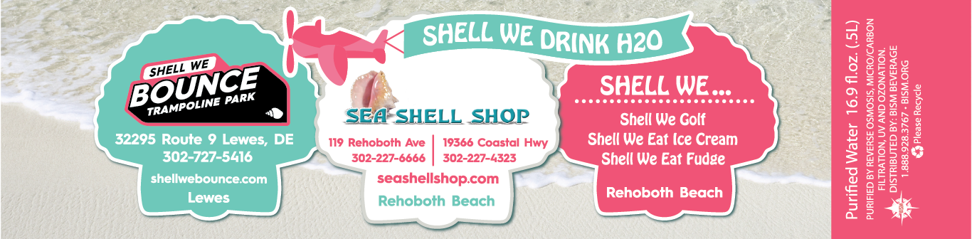 Shell We label - 3 shell outlines with text - trampoline park, sea shell shop, and golf/ice cream/fudge shop