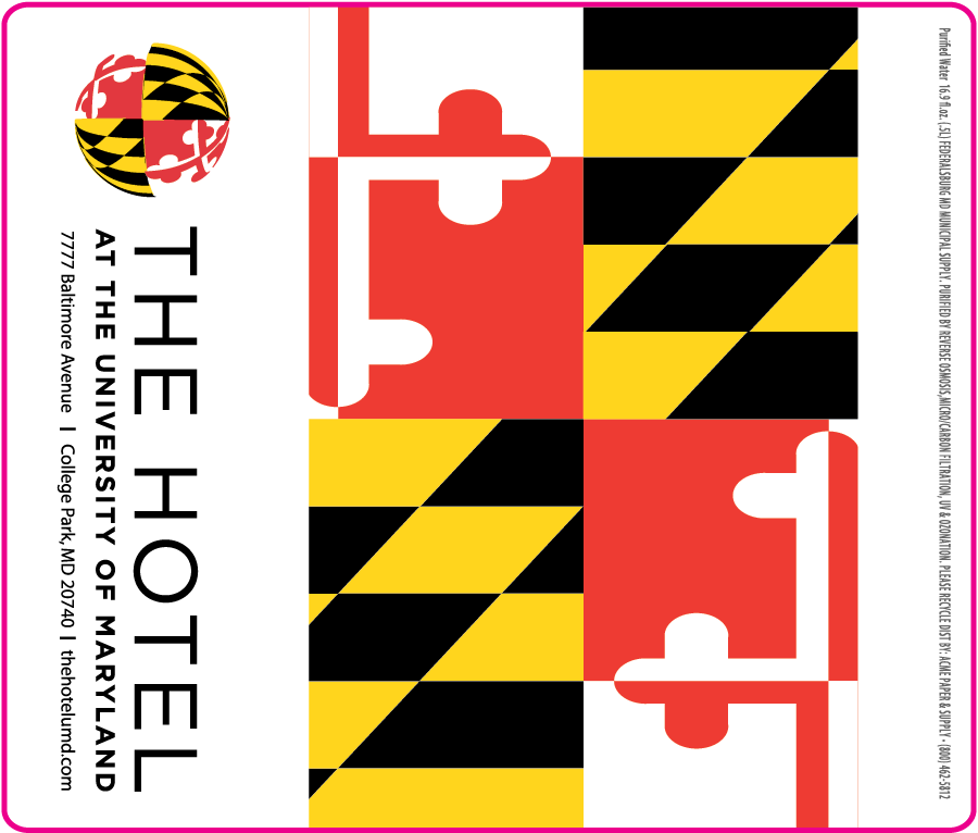 The Hotel at University of Maryland label - Maryland flag next to black text with UM logo on left, printed vertically