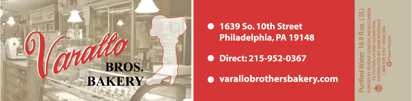 Varallo Bros. Bakery label - background shot of bakery display cases with opaque layering, name and logo on left with location on right over red background