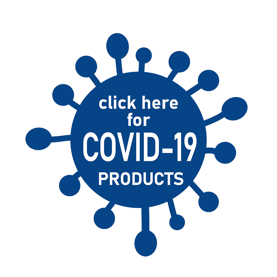 Click here for Covid-19 Products link - blue illustration of covid virus